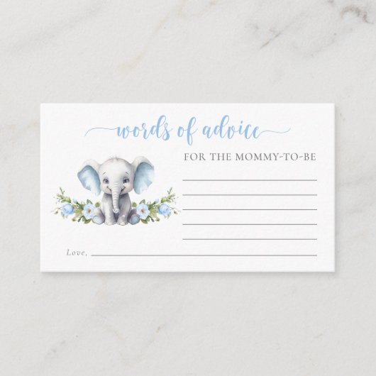 Blue Floral Elephant Baby Shower Words of Wisdom エンクロージャーカード (正面)