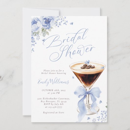 Blue Floral Espresso Martini Bridal Shower 招待状 (正面)