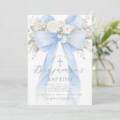 Blue Floral Eucalyptus Bow Boy Baptism 招待状 (スタンド正面)
