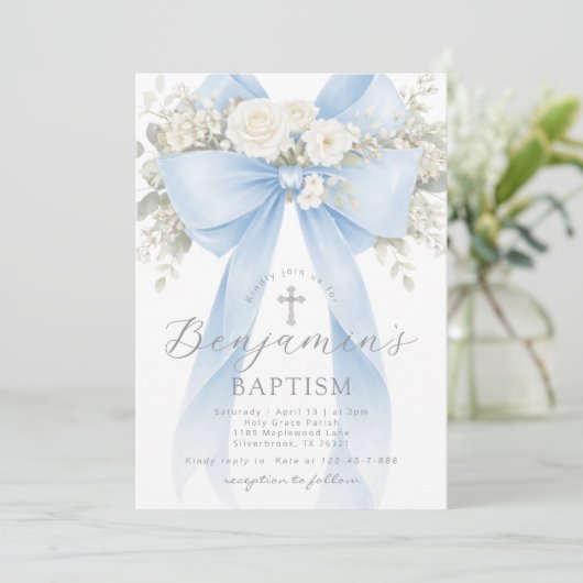 Blue Floral Eucalyptus Bow Boy Baptism 招待状 (スタンド正面)