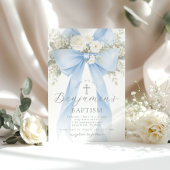 Blue Floral Eucalyptus Bow Boy Baptism 招待状