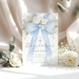 Blue Floral Eucalyptus Bow Boy Baptism 招待状