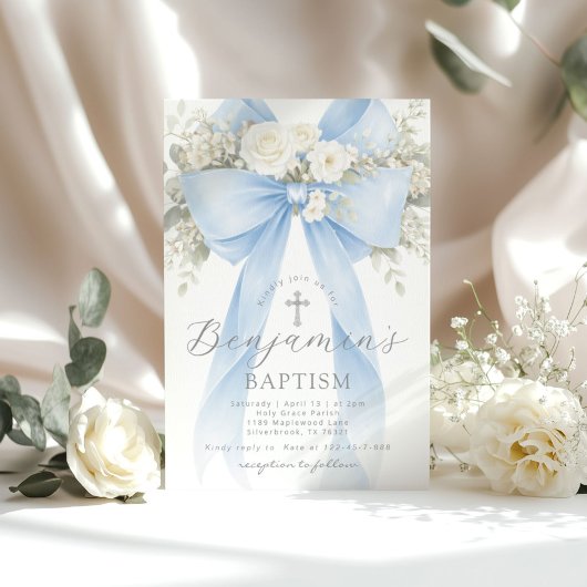 Blue Floral Eucalyptus Bow Boy Baptism 招待状