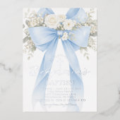 Blue Floral Eucalyptus Bow Boy Baptism 箔招待状 (正面)