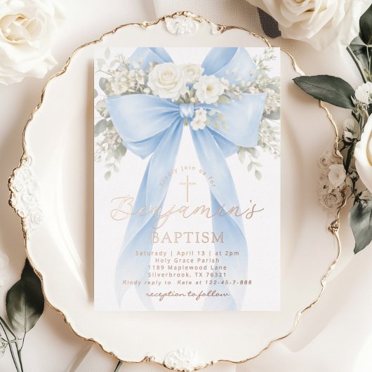 Blue Floral Eucalyptus Bow Boy Baptism 箔招待状