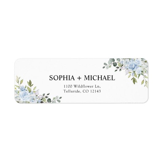 Blue Floral Eucalyptus Wedding Return Address ラベル (正面)