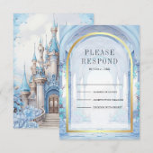 Blue Floral Fairytale Castle Wedding 出欠カード (正面/裏面)