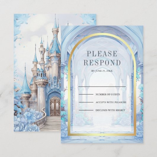 Blue Floral Fairytale Castle Wedding 出欠カード (正面/裏面)