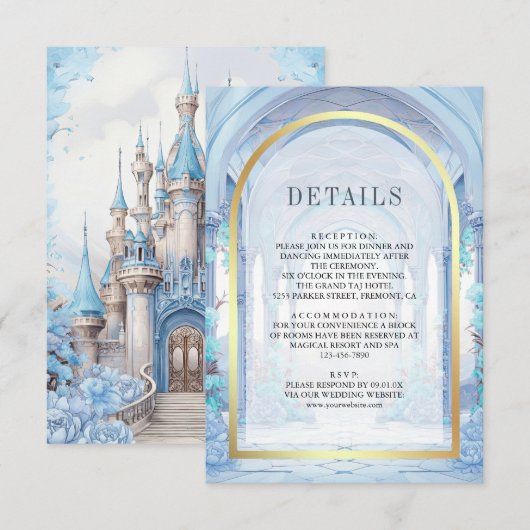 Blue Floral Fairytale Castle Wedding Details エンクロージャーカード (正面/裏面)