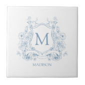 Blue Floral Family Crest Monogram Ceramic Tile タイル (正面)