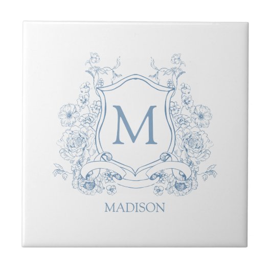 Blue Floral Family Crest Monogram Ceramic Tile タイル (正面)