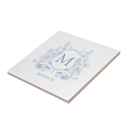 Blue Floral Family Crest Monogram Ceramic Tile タイル (側面)