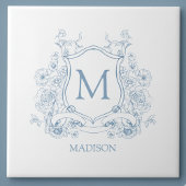 Blue Floral Family Crest Monogram Ceramic Tile タイル