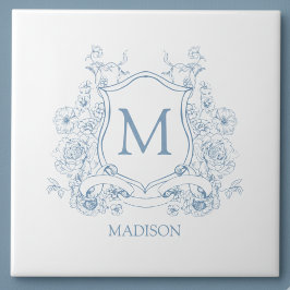Blue Floral Family Crest Monogram Ceramic Tile タイル