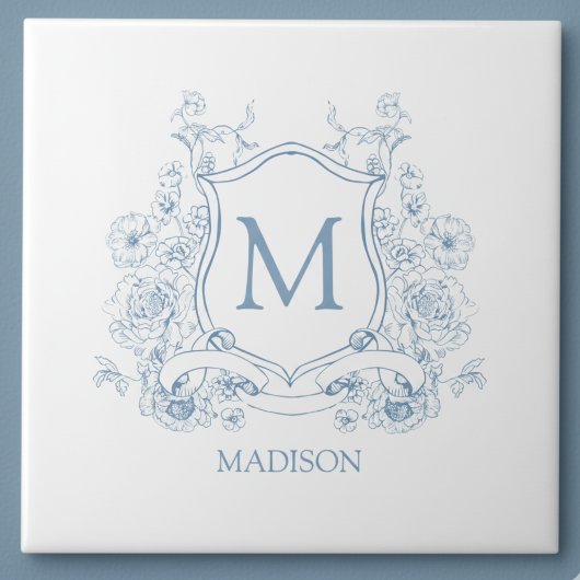 Blue Floral Family Crest Monogram Ceramic Tile タイル