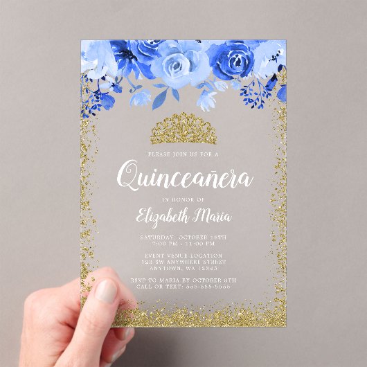 Blue Floral Faux Gold Glitter Tiara Quinceanera アクリル招待状 (インサイチュ (ポータブル))