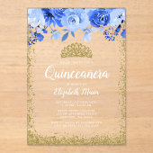 Blue Floral Faux Gold Glitter Tiara Quinceanera アクリル招待状 (正面)