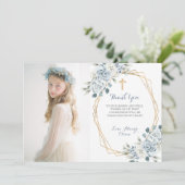 Blue Floral First Communion Thank You Card 招待状 (スタンド正面)