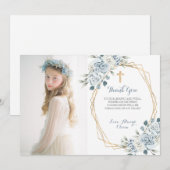 Blue Floral First Communion Thank You Card 招待状 (正面/裏面)