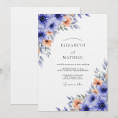 Blue Floral Flourish Wedding 招待状 (正面/裏面)