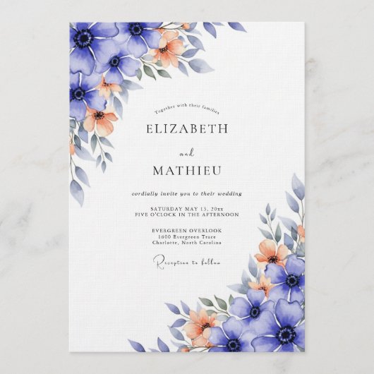 Blue Floral Flourish Wedding 招待状 (正面)