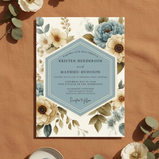 Blue Floral Flourish Wedding 招待状