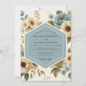 Blue Floral Flourish Wedding 招待状 (正面)