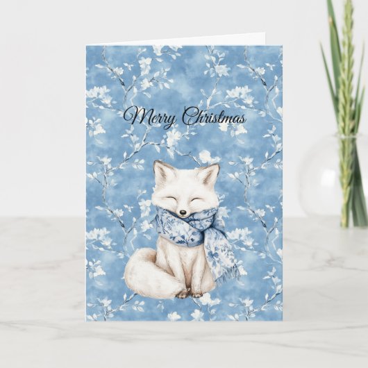 Blue Floral Fox Christmas カード (正面)