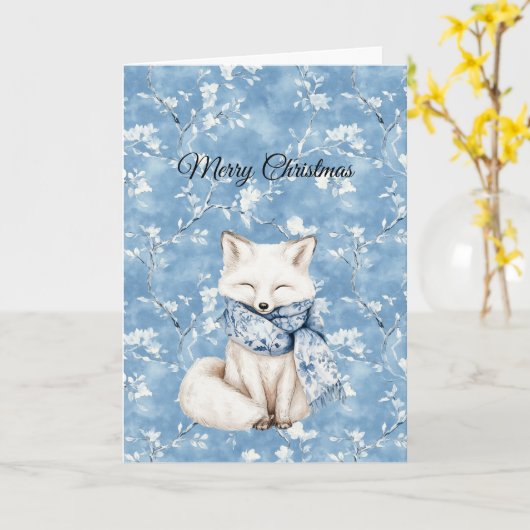 Blue Floral Fox Christmas カード (黄色い花)