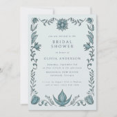 Blue Floral Frame Spring Summer Bridal Shower 招待状 (正面)