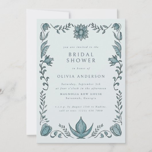 Blue Floral Frame Spring Summer Bridal Shower 招待状 (正面)