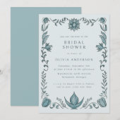 Blue Floral Frame Spring Summer Bridal Shower 招待状 (正面/裏面)
