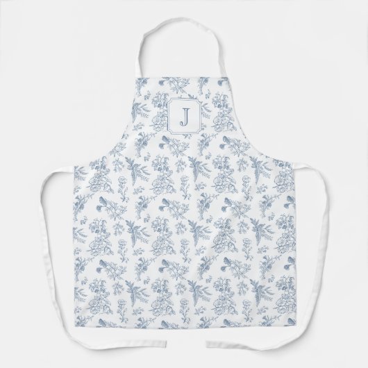 Blue Floral French Toile Custom Monogram エプロン (正面)