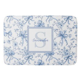 Blue Floral French Toile Monogram Name  バスマット