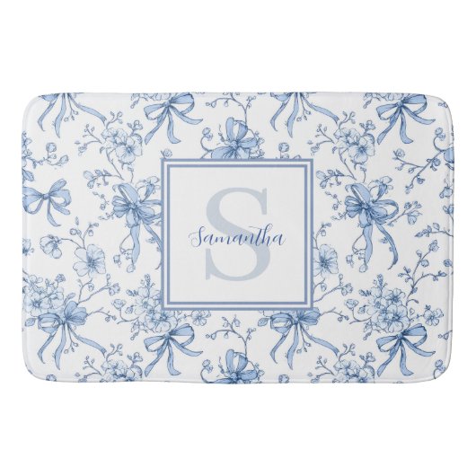 Blue Floral French Toile Monogram Name  バスマット (正面)