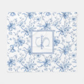 Blue Floral French Toile Monogram Name  フリースブランケット (正面(横))