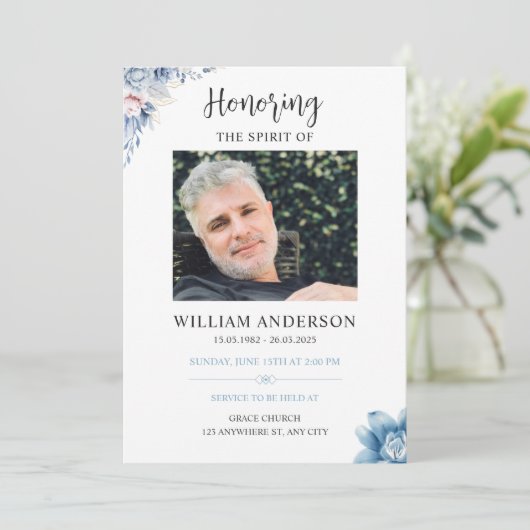 Blue Floral Funeral Invitation Celebration of Life 招待状 (スタンド正面)