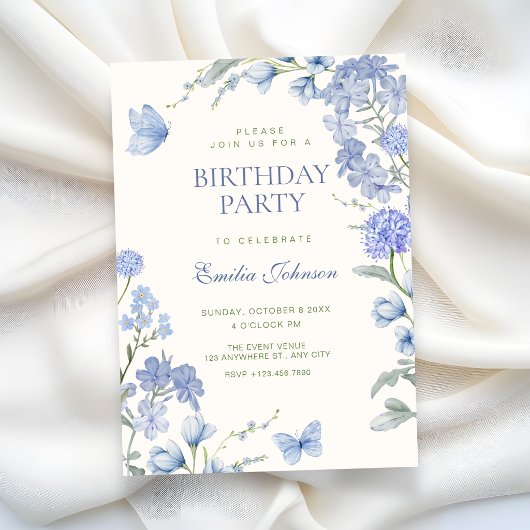 Blue floral garden birthday 招待状
