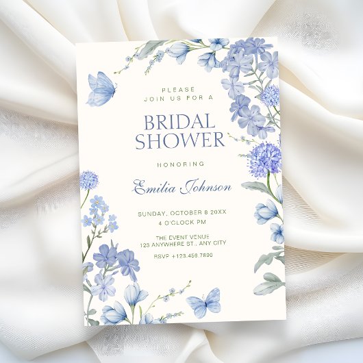 Blue floral garden bridal shower 招待状