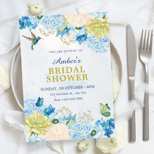 Blue floral garden bridal shower 招待状