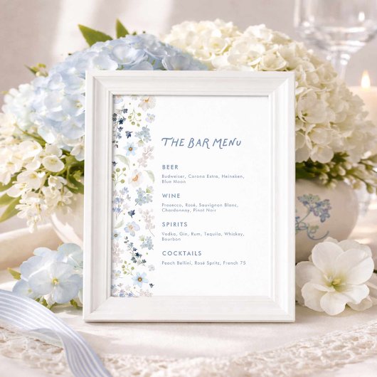 Blue Floral Garden Bridal Shower Bar Menu ポスター