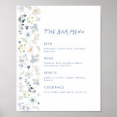 Blue Floral Garden Bridal Shower Bar Menu ポスター (正面)