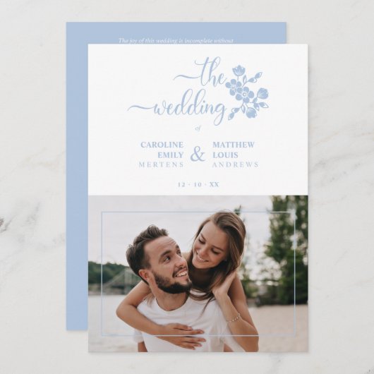 Blue Floral Garland Photo Card Couple Wedding 招待状 (正面/裏面)