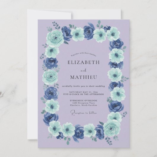 Blue Floral Garland Wedding 招待状 (正面)
