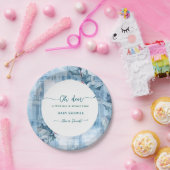  Blue Floral Gingham oh deer baby shower  ペーパープレート (パーティー)