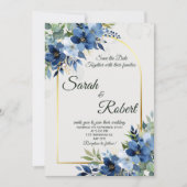 Blue Floral Gold Arch Wedding Save The Date 招待状 (正面)