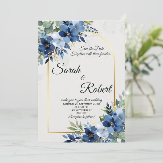 Blue Floral Gold Arch Wedding Save The Date 招待状 (スタンド正面)