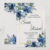 Blue Floral Gold Arch Wedding Save The Date 招待状 (正面/裏面)