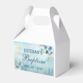 Blue Floral Gold Cross Christening Box フェイバーボックス