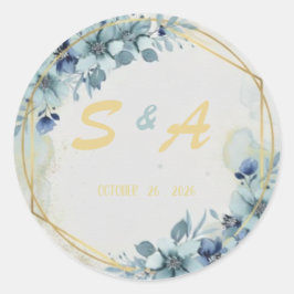 Blue Floral Gold Elegant Wedding Favor ラウンドシール